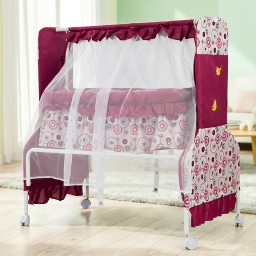 Image of BAYBEE Baby Cradle and Swing for Newborn Babies with Mosquito Net, Portable Jhula with 360 Wheel Lock, Sleeping Swing Bassinet, Uyyala Palna for 0-12 Months Boys & Girls (Purple)