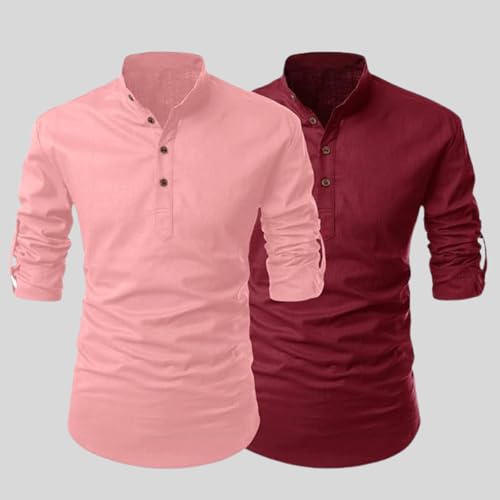 Image of FINIVO FASHION Combo of Men's Cotton Blend Solid Regular Fit Full Sleeve Straight Short Kurta Shirt, Casual and Formal Wear
