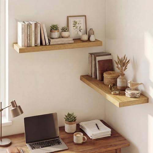 Image of Dreamland 32 Inches Floating Shelves for Wall, 9.3 inch Deep Long Floating Shelves Set of 2, Large Display & Storage Shelf, Wall Shelf for Bathroom Bedroom Living Room Kitchen Office, Oak