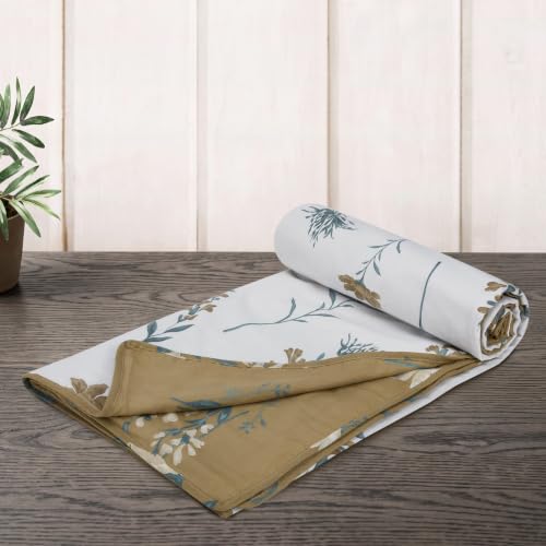 Image of HUESLAND 100% Cotton Reversible Dohar Single Bed Cotton | Soft Cambric Weave, All Weather Light AC Blanket | 56 x 89 inches, Floral - Olive Green & White