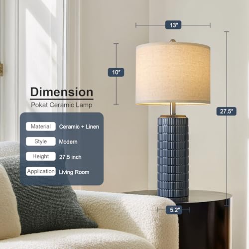 Image of PoKat 27.5'' Tall Table Lamps for Living Room Set of 2, Ceramic Bedroom Lamps for Night Stands, Modern Bedside Lamps for Bedroom Living Room, Nightstand Lamps for Side End Table Hallway, Blue
