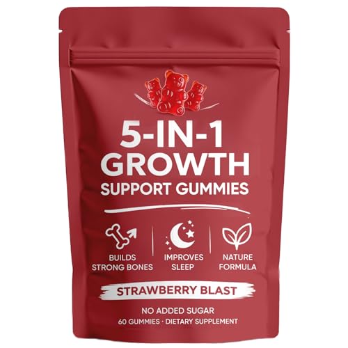 DXWXH 5 in 1 Growth Gummies Growth Gummies with Vitamin D3 & K2 Calcium Ashwagandha Spirulina for Bone Health & Daily Vitality Support Strawberry Flavor Non-GMO 60 Gummies