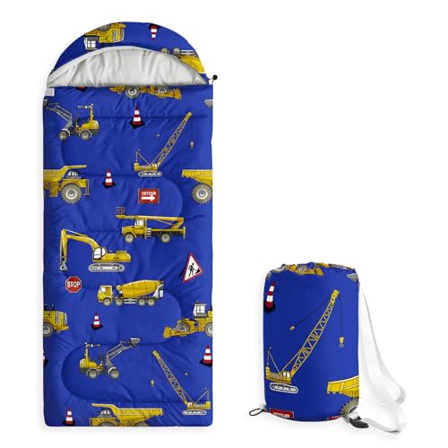 Wake In Cloud - Kids Sleeping Bag for Boys Toddlers, Camping in Warm Cold Weather, Backpacking Lightweight Compact Outdoor Liner for 3 Seasons Summer Spring Fall, Excavator Blue