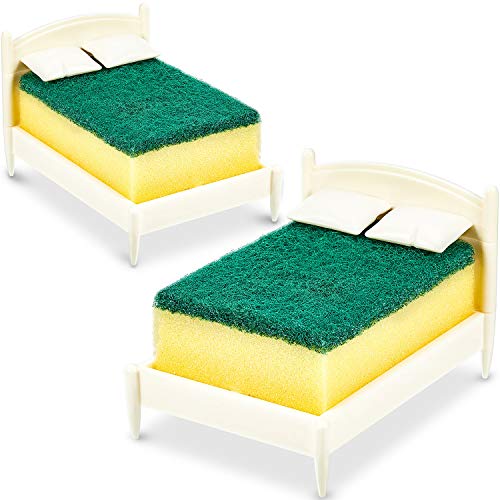 2 Pieces Kitchen Sponge Holder Bed Shape Sponge Holder Sink Storage Sponge Rack Cleaning Organizer Cloth Mat Holder with 2 Pieces Kitchen Sponges