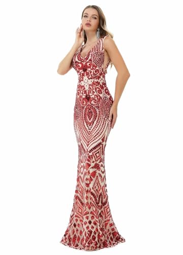 Image of Women's Wedding Bridesmaid Gown Sequined Mermaid V Neck Sleeveless Evening Dress