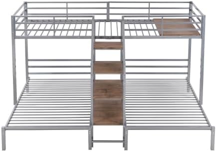 Metal Triple Bed with Storage Shelves and Staircase, Twin Over Twin Metal Bunk Bed Frame for Kids & Teens (Silver, Twin)