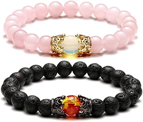 Jovivi 2pcs Couple Bracelets for Men Women 8mm Rose Quartz Lava Rock Healing Energy Beads Stretch Crown King Charm Bracelet Adjustable