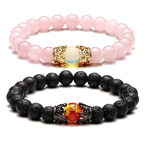 Jovivi 2Pcs Couple Bracelets For Men Women 8Mm Rose Quartz Lava Rock Healing Energy Beads Stretch Crown King Charm Bracelet Adjustable #TOP8