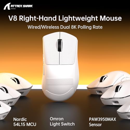 Image of ATTACK SHARK V8 8000Hz Wireless Gaming Mouse, 59g Lightweight, White&Tape