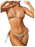 BEAUDRM Women's 2 Piece Bikini Set Seashell Decor Triangle Halter Swimsuit Backless Tie Side Bathing Suit Brown Medium