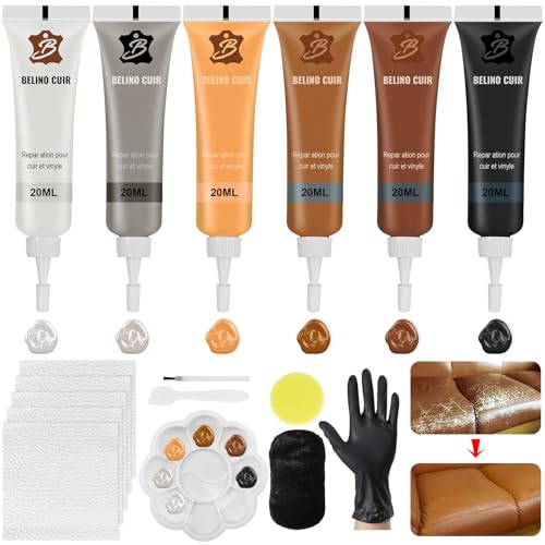 Celepoir Kit Riparazione Pelle, 6 Colori Crema di Riparazione in Pelle, Vernice per Leather Misti con Accessori, Gel Riparatore per Leather Liquida, per Ripara Divano, Sedili Auto, Giacca