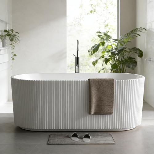 59" Acrylic Freestanding Soaking Bathtub, Deep Ergonomic Design with Lumbar Support, Integrated Overflow Drain, Non-Slip Base,cUPC Certified Modern Bathroom Tub, Easy Installation for Bathro