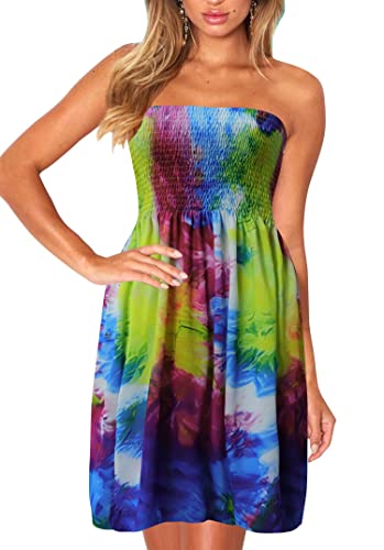 Image of Sun Dresses Women Summer Casual Strapless Dress Womens Cover ups for Swimwear Beach tie dye S
