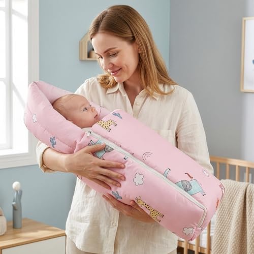 Image of R for Rabbit Snuggy Baby Sleeping Bag & Carry Nest 100% Cotton Holding Bedding Set for New Born Babies, Portable Travel Friendly 3 in 1 Convertible Set of Infants Upto 12 Month 75x48 Cm (Blush Pink)