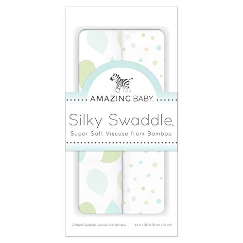 Image of Amazing Baby Silky Swaddle Muslin Blankets, Set of 2, Bamboo Viscose, Leaves and Dots, SeaCrystal