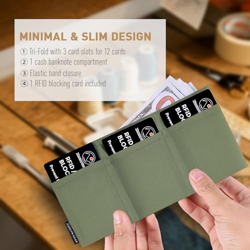 Image of Minimalist Slim Wallet for Men, Heavy Duty Ripstop Nylon Trifold Wallet, Water Resistant Durable Front Pocket Wallet with Elastic Band, Large Capacity, Includes 1 RFID Blocking Card, Green