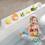Akrelyan 2.6-Ft Bathtub Splash Guard for Tub Kids, Silicone Splash Shield with 11 Suction Cups, Toy Tray Shelf, No Spill Water Barrier, Prevents Mess, Fun Bathtime for Toddlers BabyโWhite