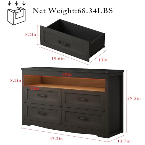 Image of Wodeer Black Dresser for Bedroom, Wood 4 Drawer Dresser with LED Light, Dressers & Chests of Drawers with Metal Handles, Storage and Organization for Bedroom, Hallway, Entryway