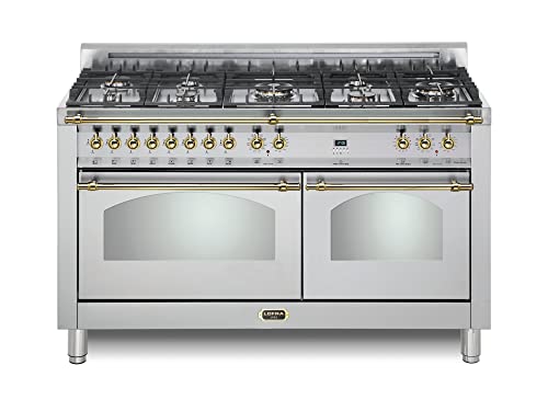 Image of Lofra DolceVita Series 60 Inch Range Freestanding Dual Fuel Double Oven Stove, Cooktop 8 Sealed Brass Burners, Convection, 9 Cooking Modes, Stainless Steel, Knobs and Handrail In Brass