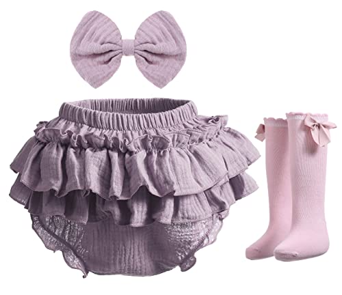 Newborn Infant Baby Girl Cotton Bloomers and Bows Toddlers Ruffle Shorts Diaper Covers Headband Set
