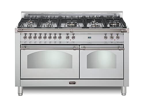 Image of Lofra DolceVita Series 60 Inch Range Freestanding Dual Fuel Double Oven Stove, Cooktop 8 Sealed Brass Burners, Convection, 9 Cooking Modes, Stainless Steel, Knobs and Handrail In Chrome