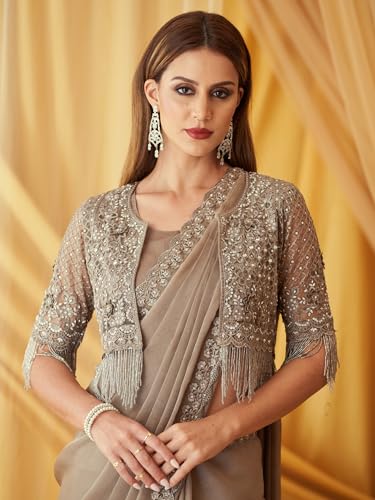 Image of AKHILAM Women's Heavy Georgette Sequence Work & Unstitched Jacket Saree With Unstitched Blouse Piece