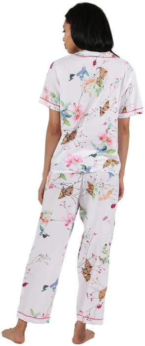 LA CERA Women's Short Sleeve Printed Cotton Pajama Set, Front Pocket and Piping, Floral Design, Notched V-Neckline - Image 2