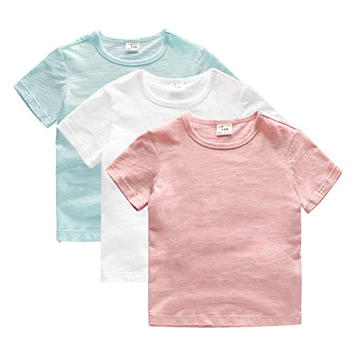 Frecoccialo Unisex Toddler Baby Girl Boy Ultimate 3-Pack T-Shirt Solid Organic Cotton Short Sleeve Tees Summer Clothes (Pink Light Blue White, 90)