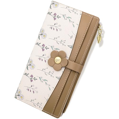 Image of Farcauo Long Floral Womens Wallet Cute Wallets for Women Brown Women's Wallet Kawaii Flower Card Wallets for Women Ladies