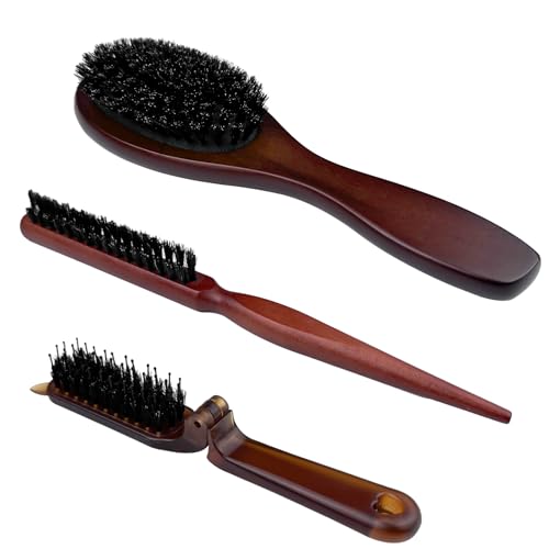 Crihovy 3 Piezas Cepillo Cerdas Jabali, Cepillos Pelo, Peine Cerdas Jabali, Kit Cepillo de Pelo de Cerdas de Jabalí, Peines para Cabello Largo, Grueso, Rizado, Ondulado, Seco o Dañado (Marrón)