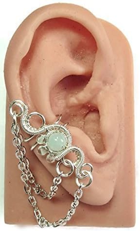Aquamarine and Silver Chain Floral Ear Cuff