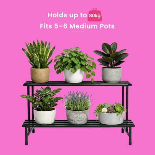 Image of Garden Genie 2-Tier Metal Plant Stand | Heavy Duty Metal Plant Stand for Outdoor Balcony & Indoor Use | Iron Pot Stand for Plants & Garden Use (Black)