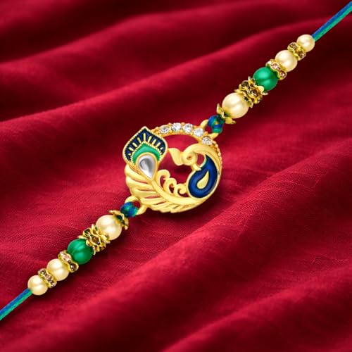 Image of Riddhika Ventures Glorious Gold Plated Auspicious Diamond Ring Rakhi with Roli Chawal and Greeting Card