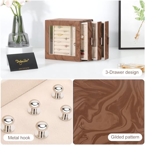 DesignSter Small Jewelry Box Organizer Case w/ 3 Side Drawers & Transparent Display Window (Brown) - image 6
