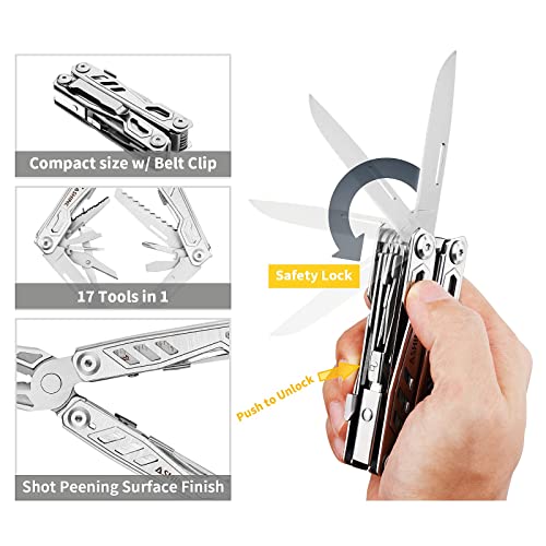 Ashine Multitool With Pocket Clip Knife Scissors, 17-In-1 Edc Multi-Tool Pliers With Safety Lock Unlock Button Rounded Handles & Sheath For Men Camping Fishing #TOP3