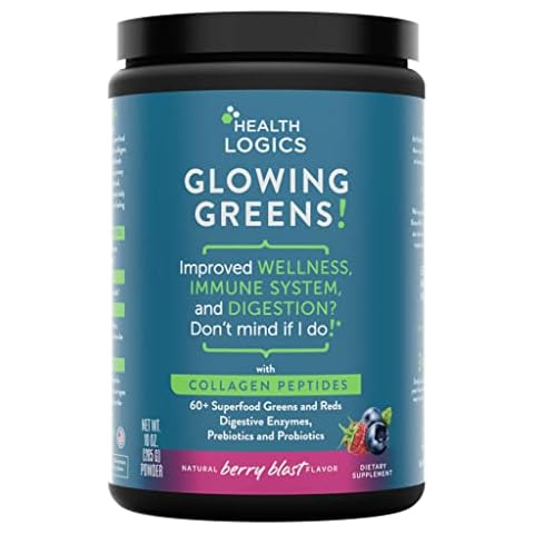 Health Logics Glowing Greens Superfood Powder with Collagen Peptides, Digestive Enzymes, Prebiotics and Probiotics – Antioxidant, Improve Wellness, Immune, Digestive and Gut Health Support Cover