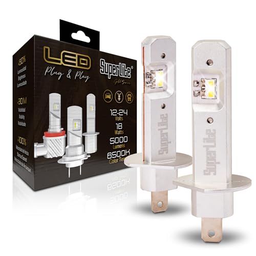 Superlite Kit de Lámparas Conversión Halógena to LED H1 Plug & Play Gold Series 6500K / 10000 Lumens / 12-24V / 18W Para Coche, Moto y Camión