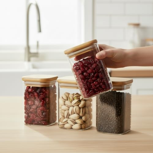 Image of ginoya brothers Airtight Borosilicate Glass Square Jar With Wooden Or Steel Lid Multi-Size, Container for Spices, Coffee, Grains, Snacks & Kitchen Organization (2, WOODEN LID, 270 ML)