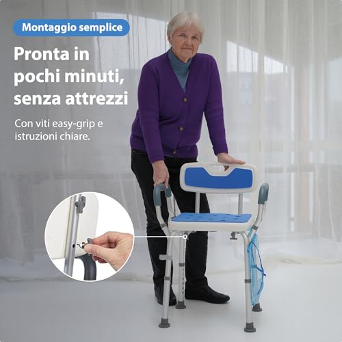 Safe Age Chaise de Douche - Tabouret de Douche avec Dossier et Accoudoirs Amovibles - Antidérapant - Réglable en Hauteur - Siège Douche Personne Âgée - 6