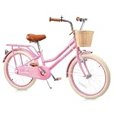 kaiwrxin 20 Inch Girls Bike, Single Speed Kids' Bicycles with Basket and Kickstand, Kids Beach Cruiser Bike for Girls, Adjustable Seat, Multiple Colors (Pink)