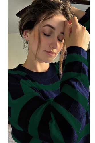 Poetsky Womens Oversized Striped Batwing Long Sleeve Crewneck Cable Knit Spring Fall Pullover Sweaters4