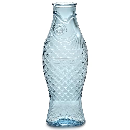 Caraffa in vetro per acqua | Collezione Fish&Fish di Paola Navone | Caraffa 850ml | Bottiglia trasparente blu per bevande | Adatto come vaso