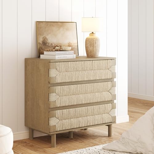 Image of Nathan James Beacon 3 Drawer, Light Brown Boho, Bohemian Woven Seagrass Storage Cabinet for Living Room