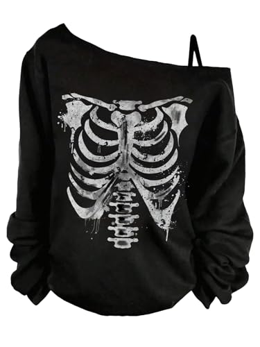 COZYEASE Women's Plus Size Gothic Skull Graphic Tees Asymmetrical Neck Long Sleeve T Shirt Loose Y2K Tops