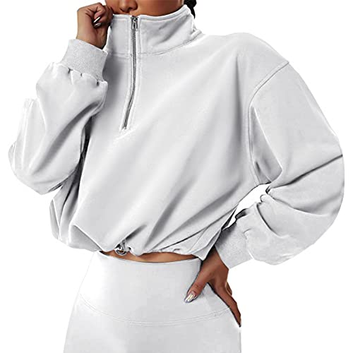 Flygo Womens Sweatshirts 1/2 Zipper Collar Pullover Sweatsuits Long Sleeve Ins Cropped Sport Tops Sweater(White-S) #TOP16