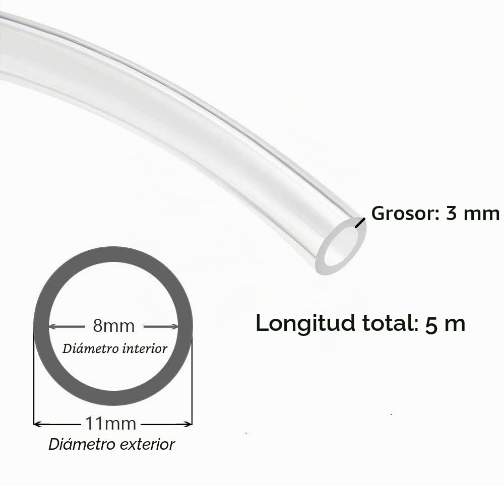 Hyber&Cara Tubo flexible transparente de PVC de grado alimenticio de 8 mm de diámetro interno x 11 mm de diámetro externo para tubería de aire de agua de 5 metros con 2 abrazaderas de manguera