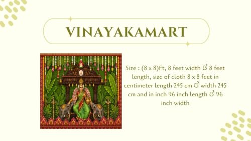 Image of Lakshmi Devi Backdrop Cloth for Decoration | Goddess Lakshmi Devi Blessing with Elephants, Bells on Coconut Leaves Background Decoration Cloth 8x8 feet | varalakshmi Pooja Backdrop
