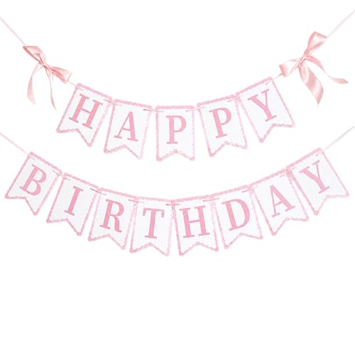 Image of Coquette Pink Happy Birthday Banner with Bows, Pre-Strung Garland Party Decorations for Girls Women Baby Showers, Cute Birthday Bunting Sign Photo Backdrop