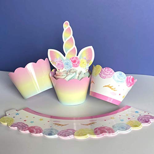 Unicorn Cupcake Toppers and Wrappers - Decorations REAL, SAFE, and SHINE GLITTER - Reversible Rainbow Cupcake Liners Cute Decorating Supplies for Girl Birthday Party (SET OF 24)