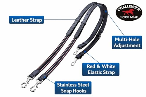 CHALLENGER English 3/4\" Wide Full Horse English Elastic Leather Adjustable Side Reins Black 803LR01BK - Thumbnail 6